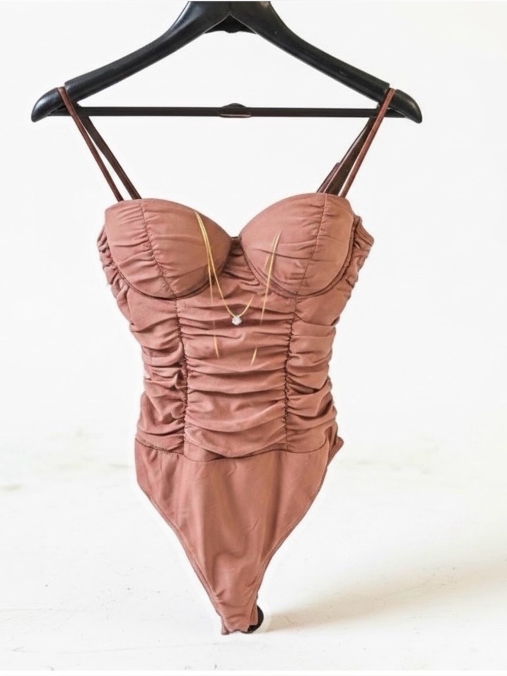 Lulu's Mauve Pink Ruched Bodysuit.